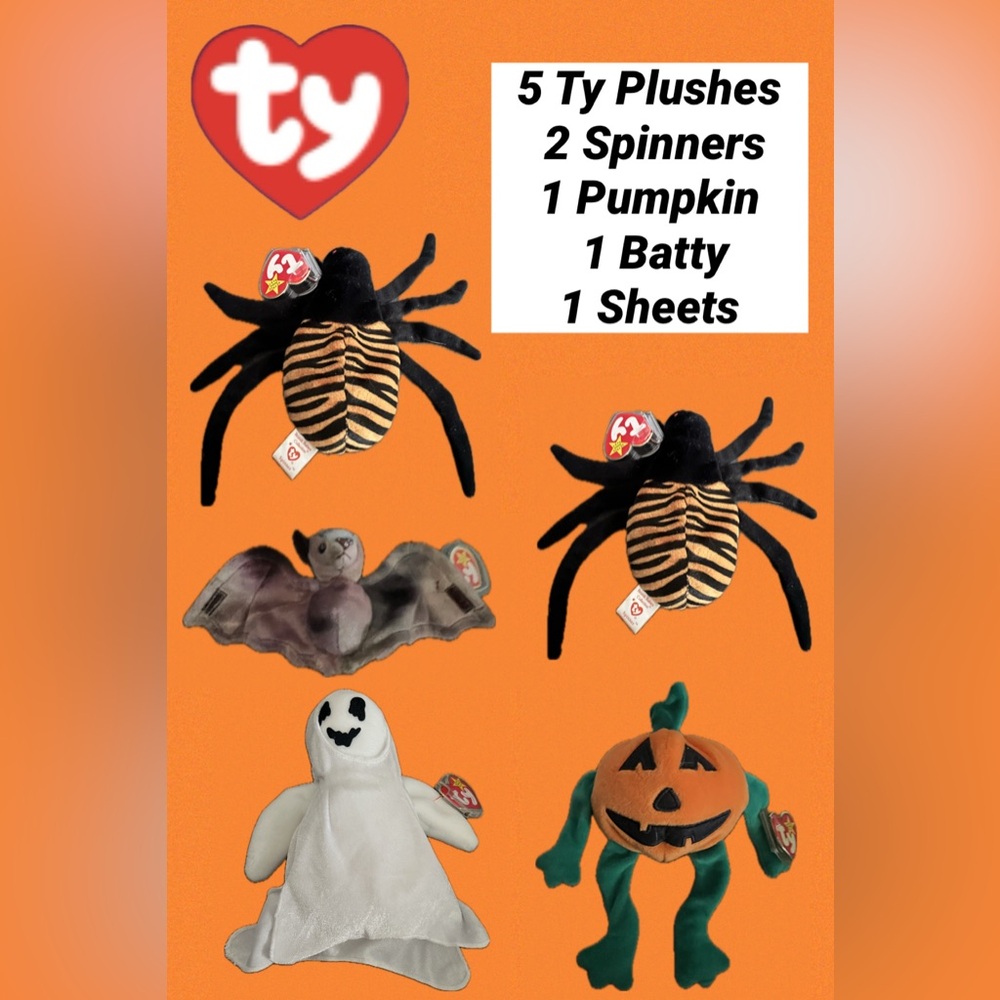 Ty Vtg Beanie Babies Lot  ’96-’99 Halloween: Batty, Spinners x2, Sheets, Pumkin